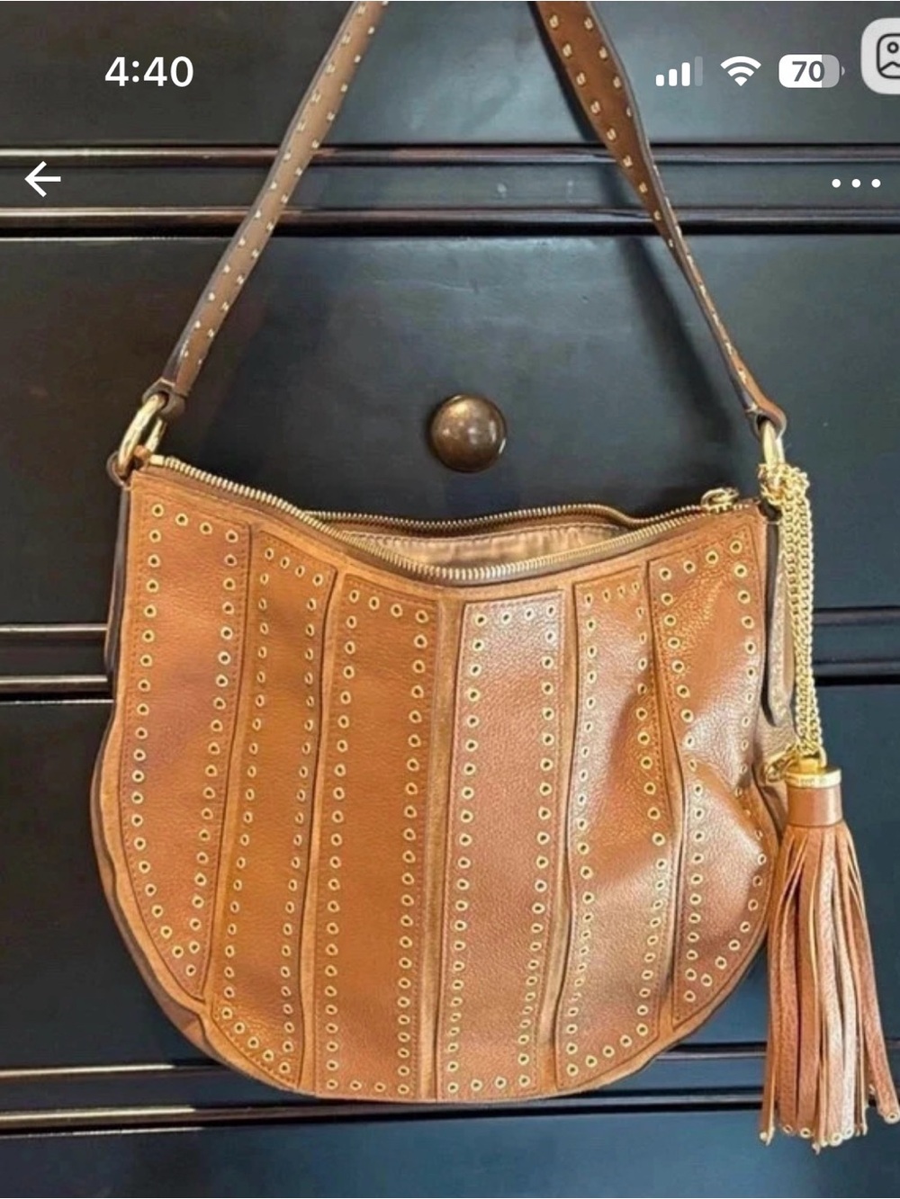 Michael Kors Brown Leather Studded Shoulder Bag with Tassel